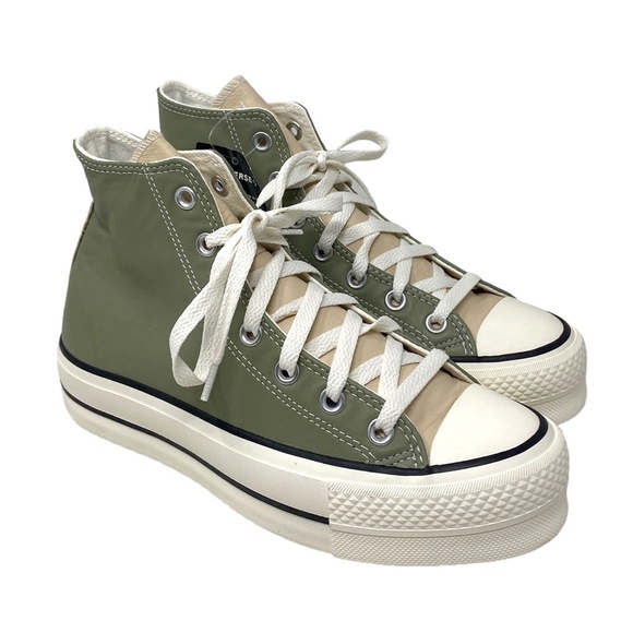 Converse Ctas Lift Platform Shoes Women Leather Green Beige Custom 568163C-WWGBG - Picture 7 of 10